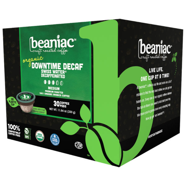 Beaniac decaf coffee pods pack case